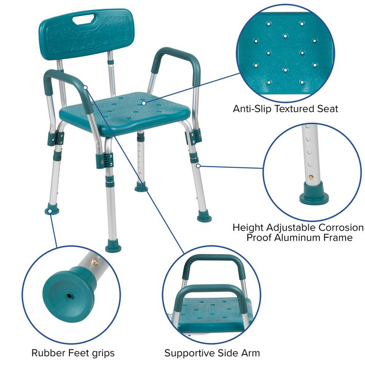HERCULES Series 300 Lb. Capacity Adjustable Teal Bath & Shower Chair with Quick Release Back & Arms