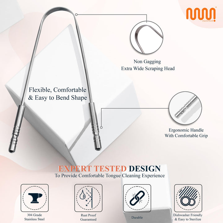 Tongue Scraper for Adults with Multicolor Travel Cases (2 Pack), 100% Stainless Steel, Reduce Bad Breath, Tongue Scrubber, Easy to Use, Tongue Cleaner for Oral Care & Hygiene