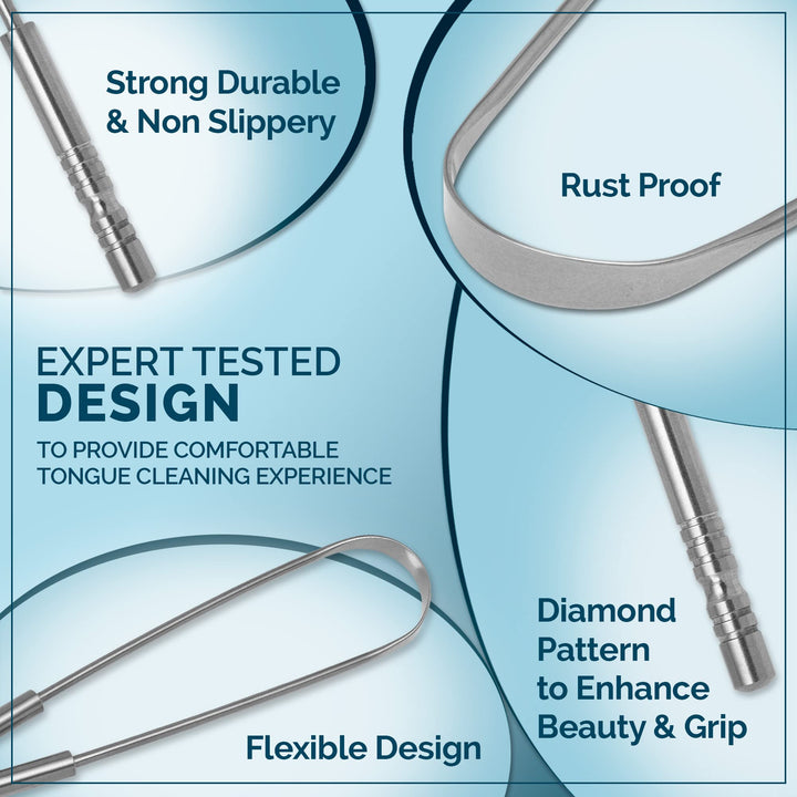 Tongue Scraper for Adults with Multicolor Travel Cases (2 Pack), 100% Stainless Steel, Reduce Bad Breath, Tongue Scrubber, Easy to Use, Tongue Cleaner for Oral Care & Hygiene