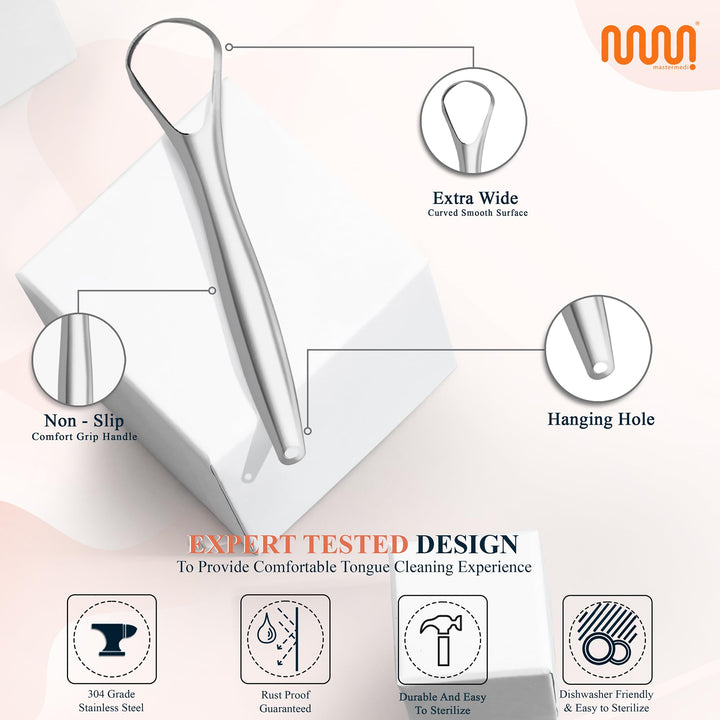 Tongue Scraper for Adults with Multicolor Travel Cases (2 Pack), 100% Stainless Steel, Reduce Bad Breath, Tongue Scrubber, Easy to Use, Tongue Cleaner for Oral Care & Hygiene