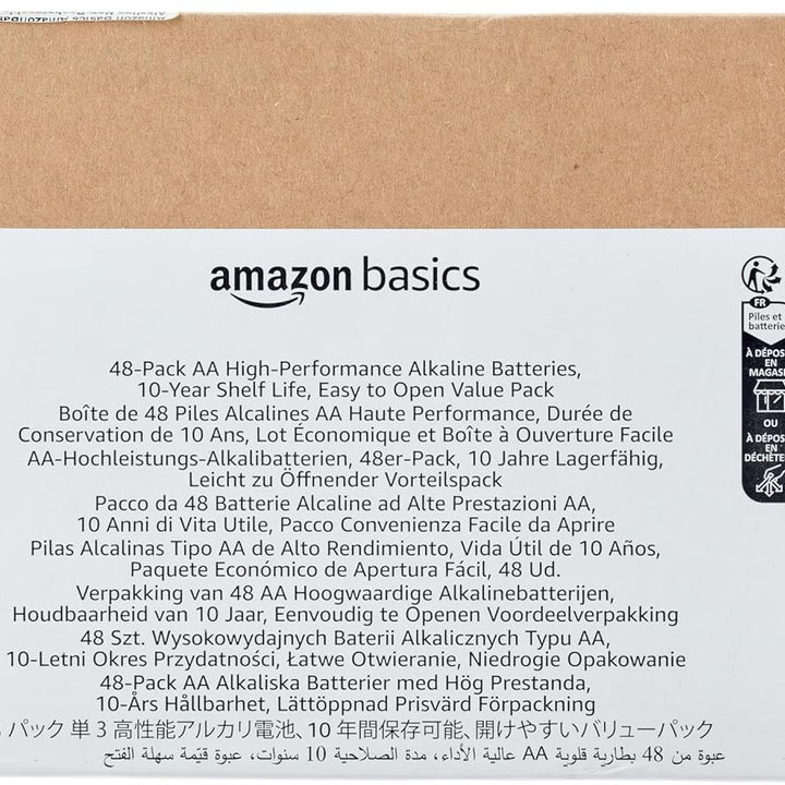 Amazon Basics 48-Pack AA Alkaline High-Performance Batteries, 1.5 Volt, 10-Year Shelf Life
