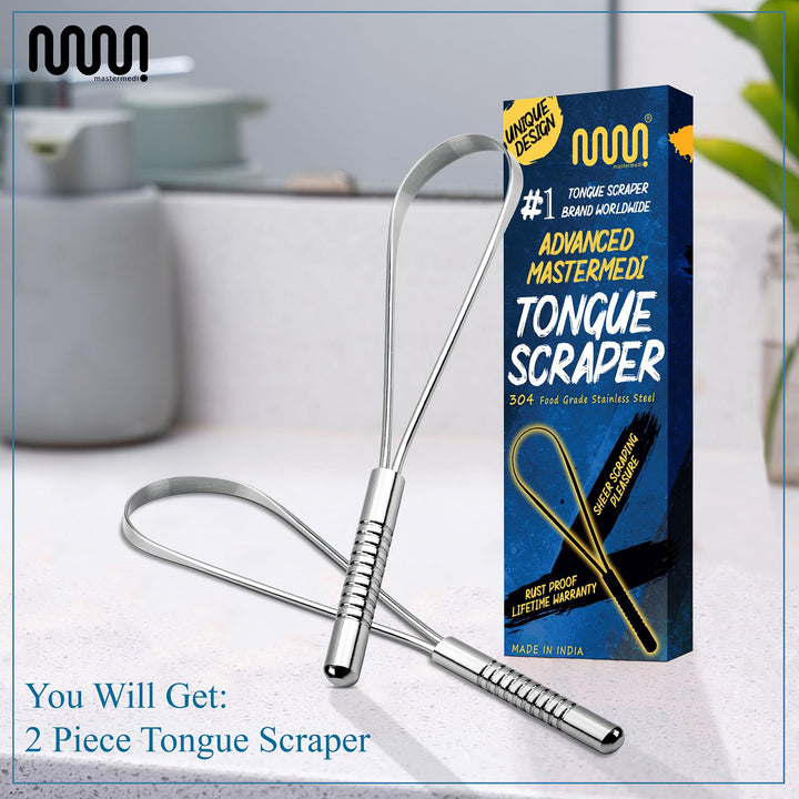 Tongue Scraper for Adults with Multicolor Travel Cases (2 Pack), 100% Stainless Steel, Reduce Bad Breath, Tongue Scrubber, Easy to Use, Tongue Cleaner for Oral Care & Hygiene