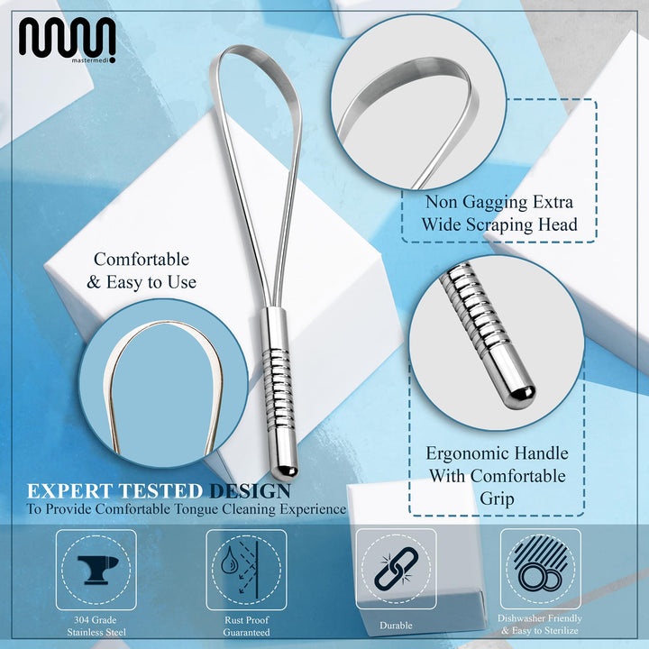 Tongue Scraper for Adults with Multicolor Travel Cases (2 Pack), 100% Stainless Steel, Reduce Bad Breath, Tongue Scrubber, Easy to Use, Tongue Cleaner for Oral Care & Hygiene