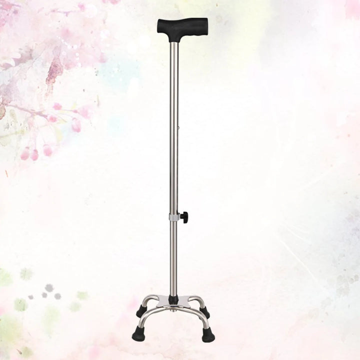 Four-Legged Walking Cane Adjustable Stainless Steel Medical Crutches Non-Slip Rubber Feet Comfort Handle Durable Support Silver