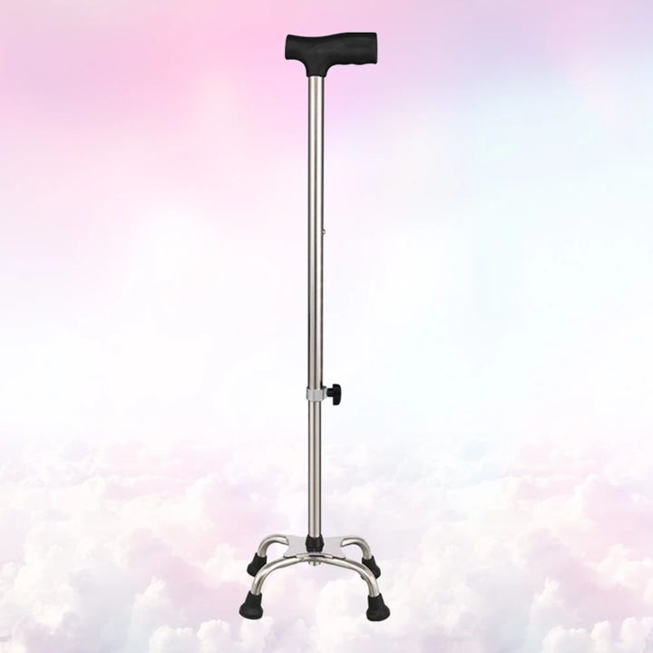 Four-Legged Walking Cane Adjustable Stainless Steel Medical Crutches Non-Slip Rubber Feet Comfort Handle Durable Support Silver