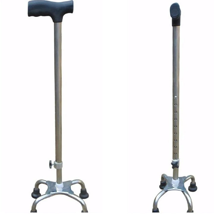 Four-Legged Walking Cane Adjustable Stainless Steel Medical Crutches Non-Slip Rubber Feet Comfort Handle Durable Support Silver