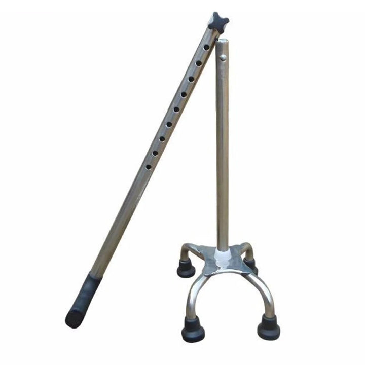 Four-Legged Walking Cane Adjustable Stainless Steel Medical Crutches Non-Slip Rubber Feet Comfort Handle Durable Support Silver