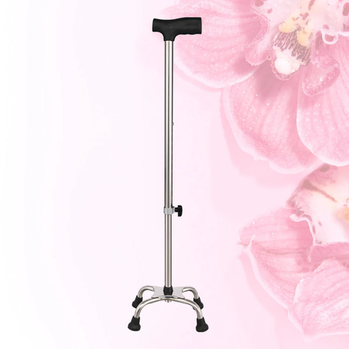 Four-Legged Walking Cane Adjustable Stainless Steel Medical Crutches Non-Slip Rubber Feet Comfort Handle Durable Support Silver