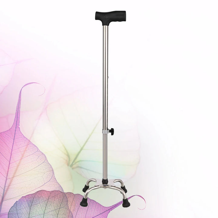 Four-Legged Walking Cane Adjustable Stainless Steel Medical Crutches Non-Slip Rubber Feet Comfort Handle Durable Support Silver